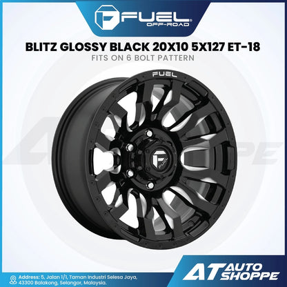 Fuel Off-Road Blitz Glossy Black wheel with product details on a white background