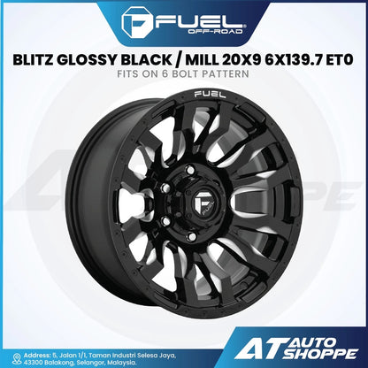 Fuel off-road wheel with gloss black finish on a white background