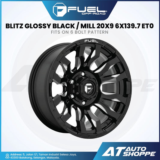 Fuel off-road wheel with gloss black finish on a white background