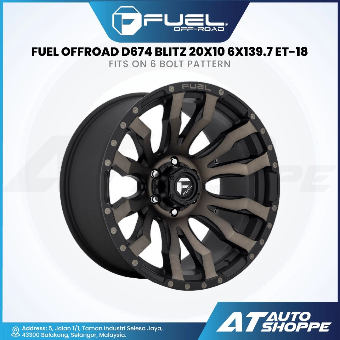 Fuel Off-Road D674 Blitz wheel with specifications on a white background