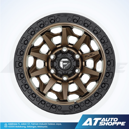 Brown and black wheel rim with 'Fuel' branding on a white background, featuring AT Auto Shoppe logo.