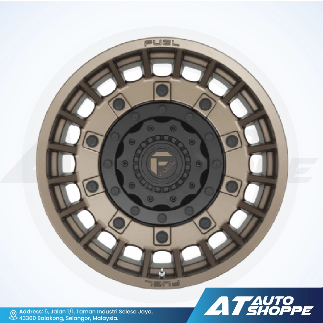 Beige and black wheel rim with 'FUEL' branding on a white background, featuring AT Auto Shoppe logo.
