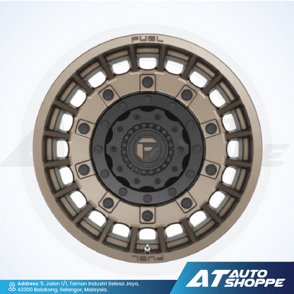 Beige and black wheel rim with 'FUEL' branding on a white background, featuring AT Auto Shoppe logo.