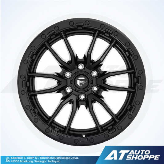 Black alloy wheel with a visible brand logo on a white background