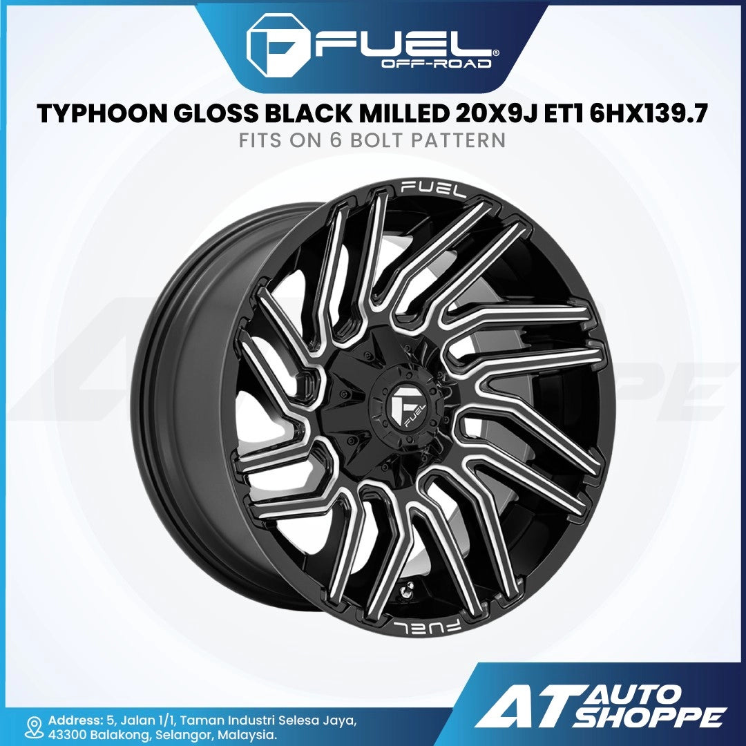 Black milled wheel with 'Fuel' branding on a white background