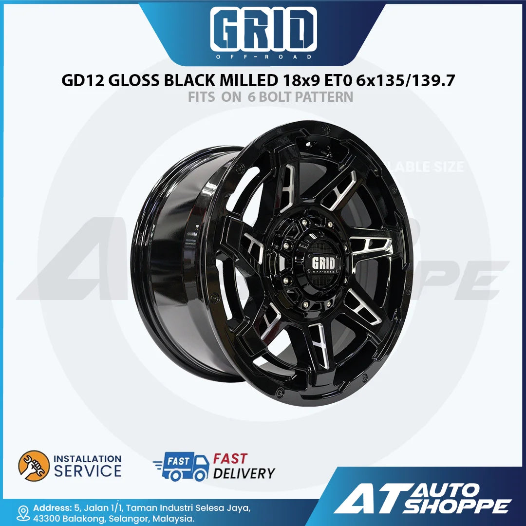 GRID Offroad GD12 Gloss Black Milled 18x9 ET0 6x135/139.7 (1 Piece)