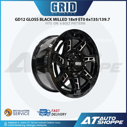 GRID Offroad GD12 Gloss Black Milled 18x9 ET0 6x135/139.7 (1 Piece)