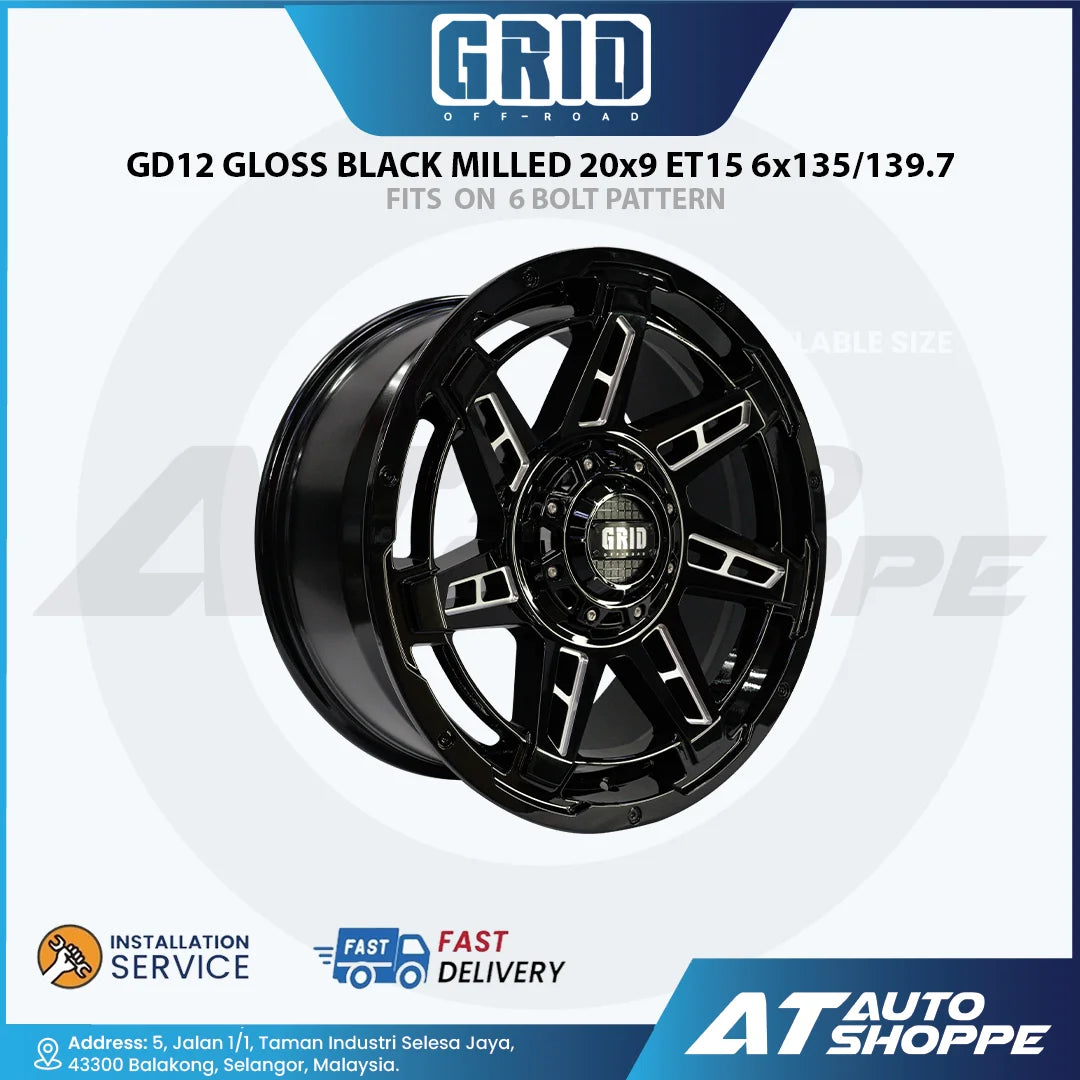GRID Offroad GD12 Gloss Black Milled 20x9 ET15 6x135/139.7 (1 Piece)