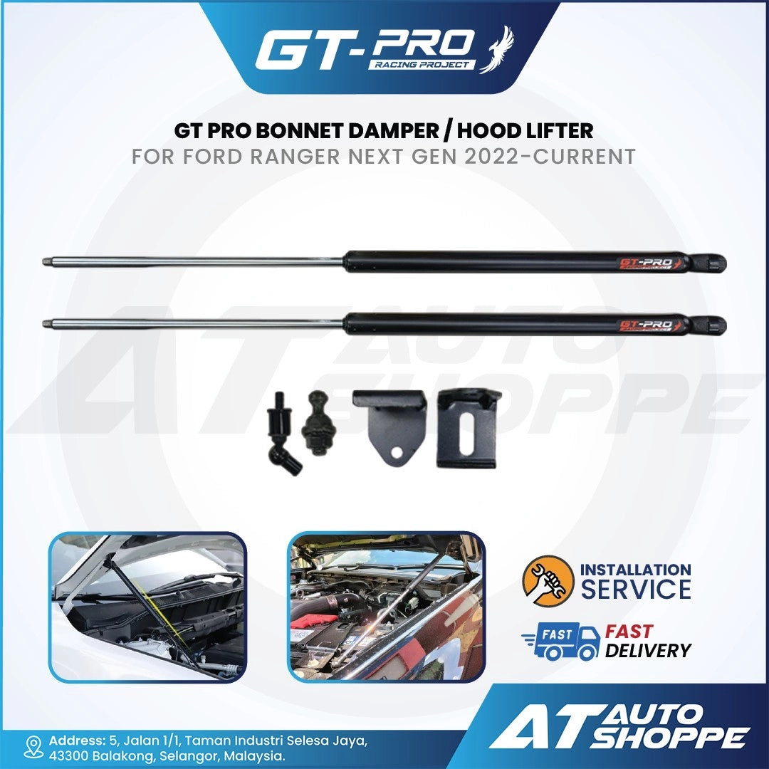 GT Pro bonnet damper/hood lifter for Ford Ranger Next Gen 2022-current on a white background with AT Auto Shoppe branding.
