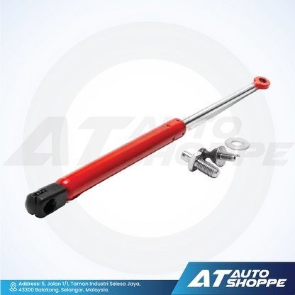 GT-Pro Red hydraulic shock absorber with mounting hardware on a white background, featuring AT Auto Shoppe branding.
