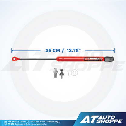 GT-Pro red shock absorber with measurement details on a white background, featuring AT Auto Shoppe branding.