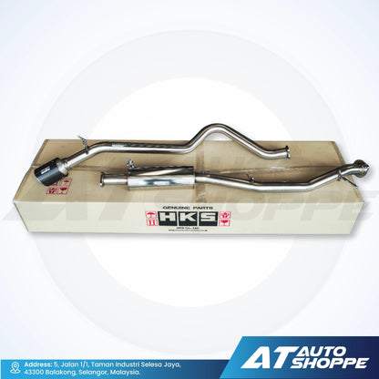 HKS exhaust system on a white background with AT Auto Shoppe branding.