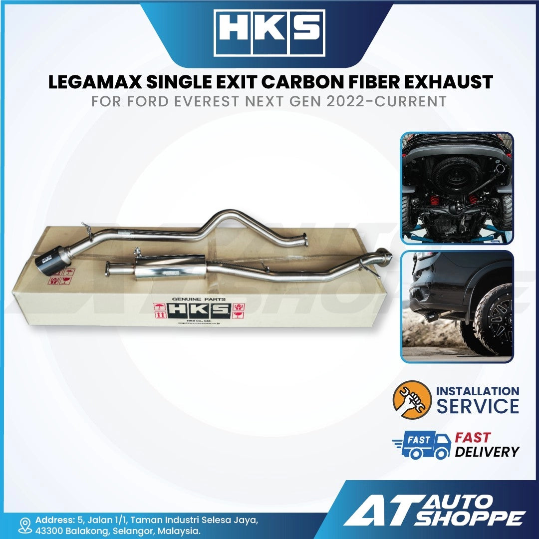 HKS Legamax single exit carbon fiber exhaust system for Ford Everest Next Gen 2022-current, with installation service and delivery information.