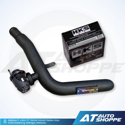 Black automotive exhaust pipe with HKS packaging on a white background
