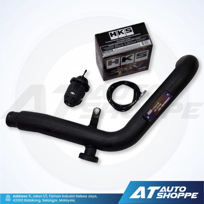 Black car exhaust system with HKS packaging on a white background