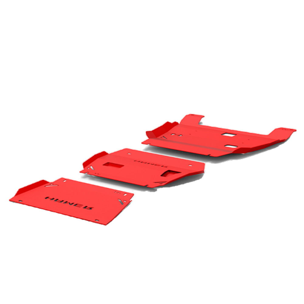 Three red metal plates with 'HAMER' branding on a white background