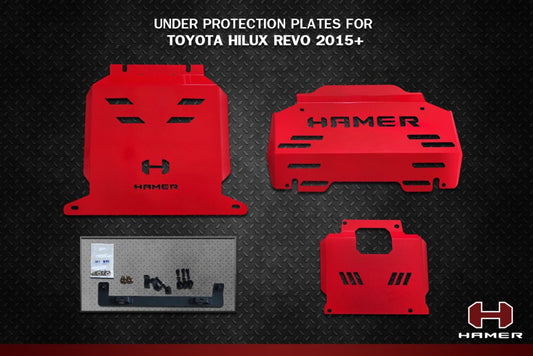Red under protection plates for Toyota Hilux Revo 2015+ with 'Hamer' branding on a black background.