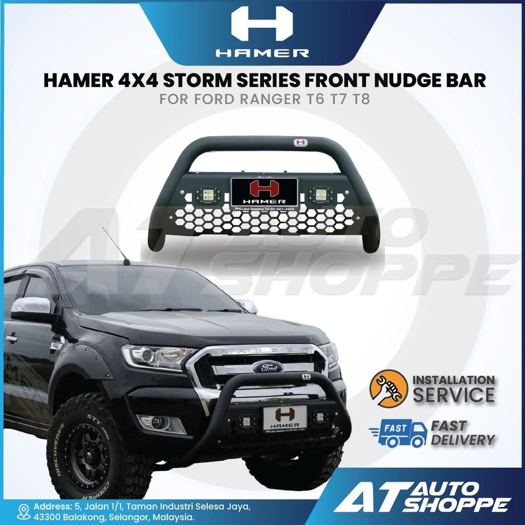 HAMER 4X4 Storm Series front nudge bar for Ford Ranger T6 T7 T8 with AT Auto Shoppe branding.