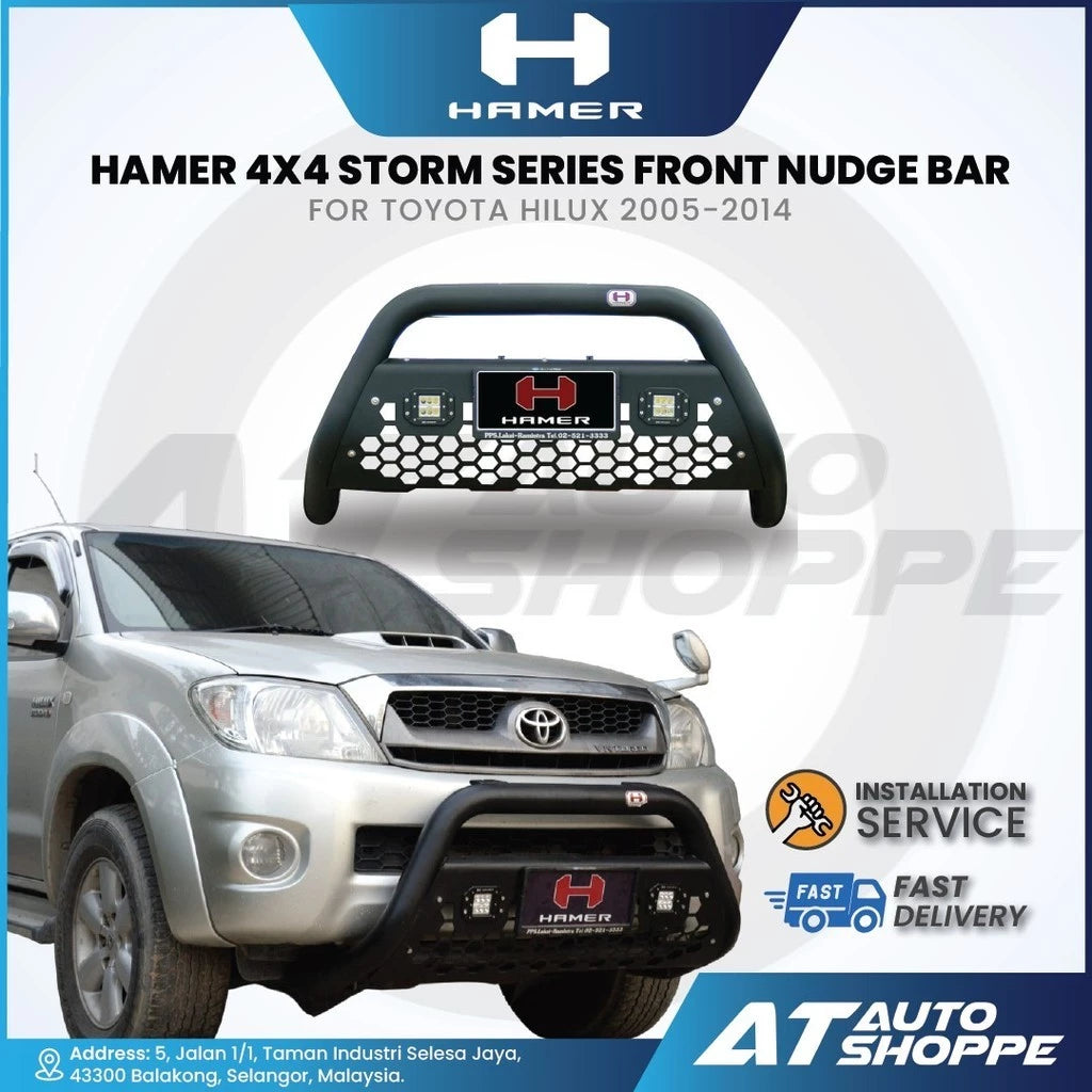 HAMER 4x4 storm series front nudge bar for Toyota Hilux 2005-2014 with vehicle and branding elements.