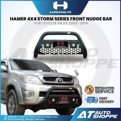 HAMER 4x4 storm series front nudge bar for Toyota Hilux 2005-2014 with vehicle and branding elements.