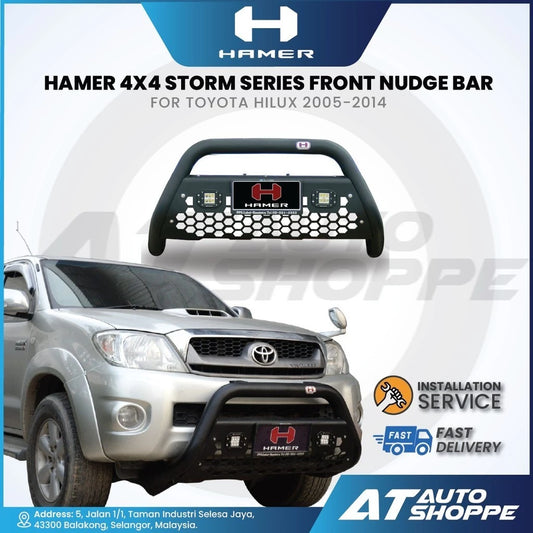 HAMER 4x4 storm series front nudge bar for Toyota Hilux 2005-2014 with vehicle and branding elements.