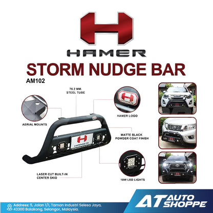 Advertisement for Hamer Storm Nudge Bar with product details and branding.