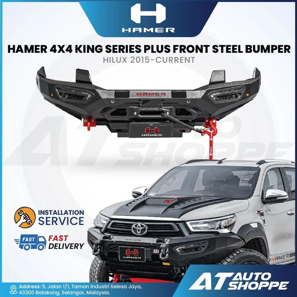 Hamer 4x4 King Series Plus front steel bumper for Toyota Hilux 2015-current, displayed on a vehicle with branding and service information.