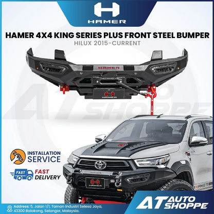 Hamer 4x4 King Series Plus front steel bumper for Toyota Hilux 2015-current, displayed on a vehicle with branding and service information.