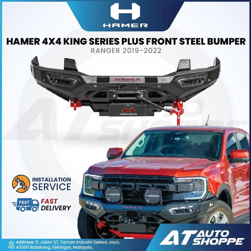 Hamer 4x4 King Series Plus front steel bumper for Ranger 2019-2022 with vehicle and branding elements.
