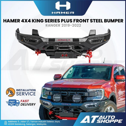 Hamer 4x4 King Series Plus front steel bumper for Ranger 2019-2022 with vehicle and branding elements.