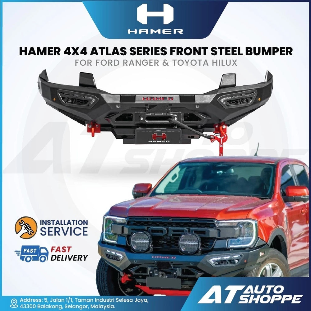 Hamer 4x4 Atlas Series front steel bumper for Ford Ranger & Toyota Hilux with AT Auto Shoppe branding.