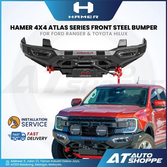 Hamer 4x4 Atlas Series front steel bumper for Ford Ranger & Toyota Hilux with AT Auto Shoppe branding.