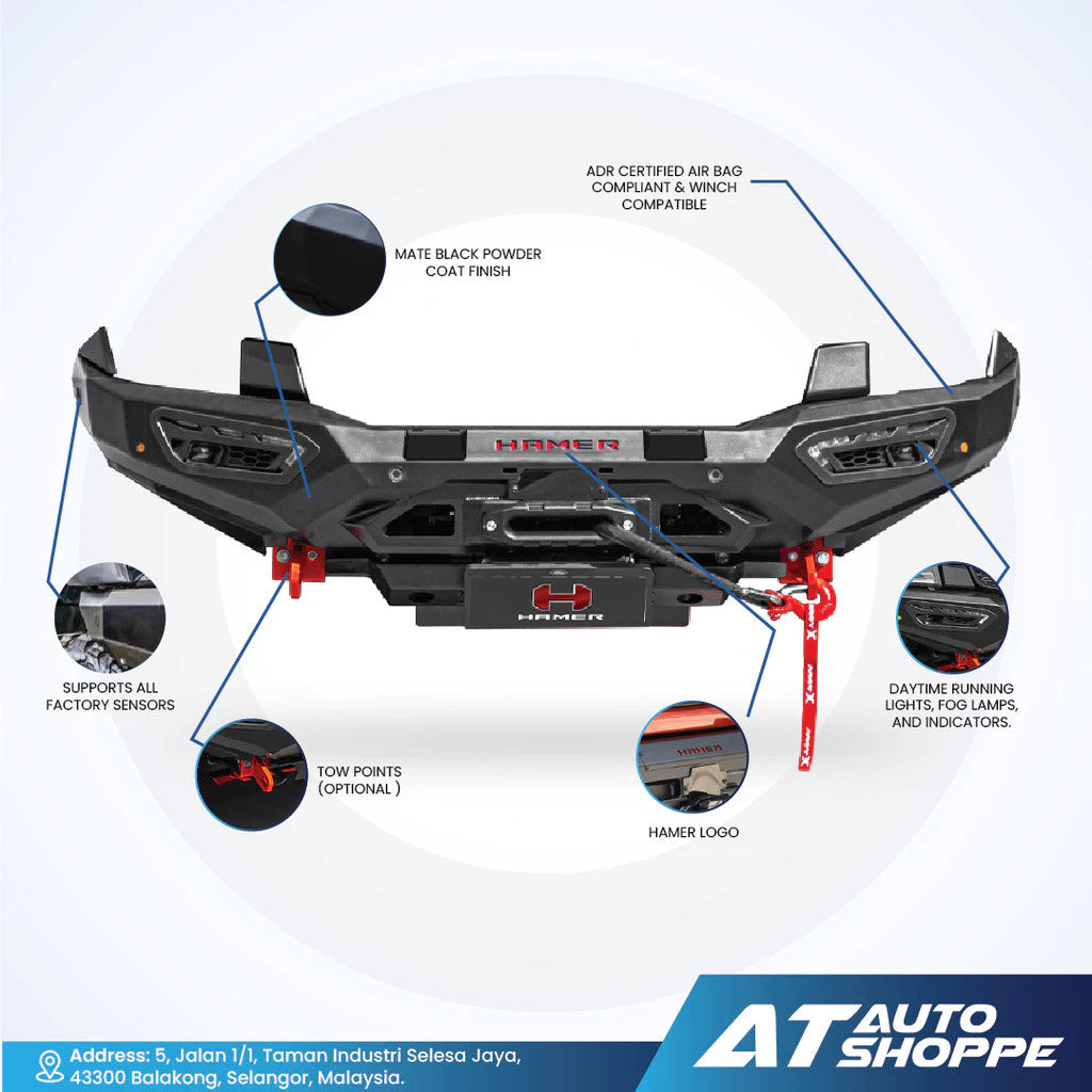 Car bumper with features highlighted on a white background, branded with AT Auto Shoppe.