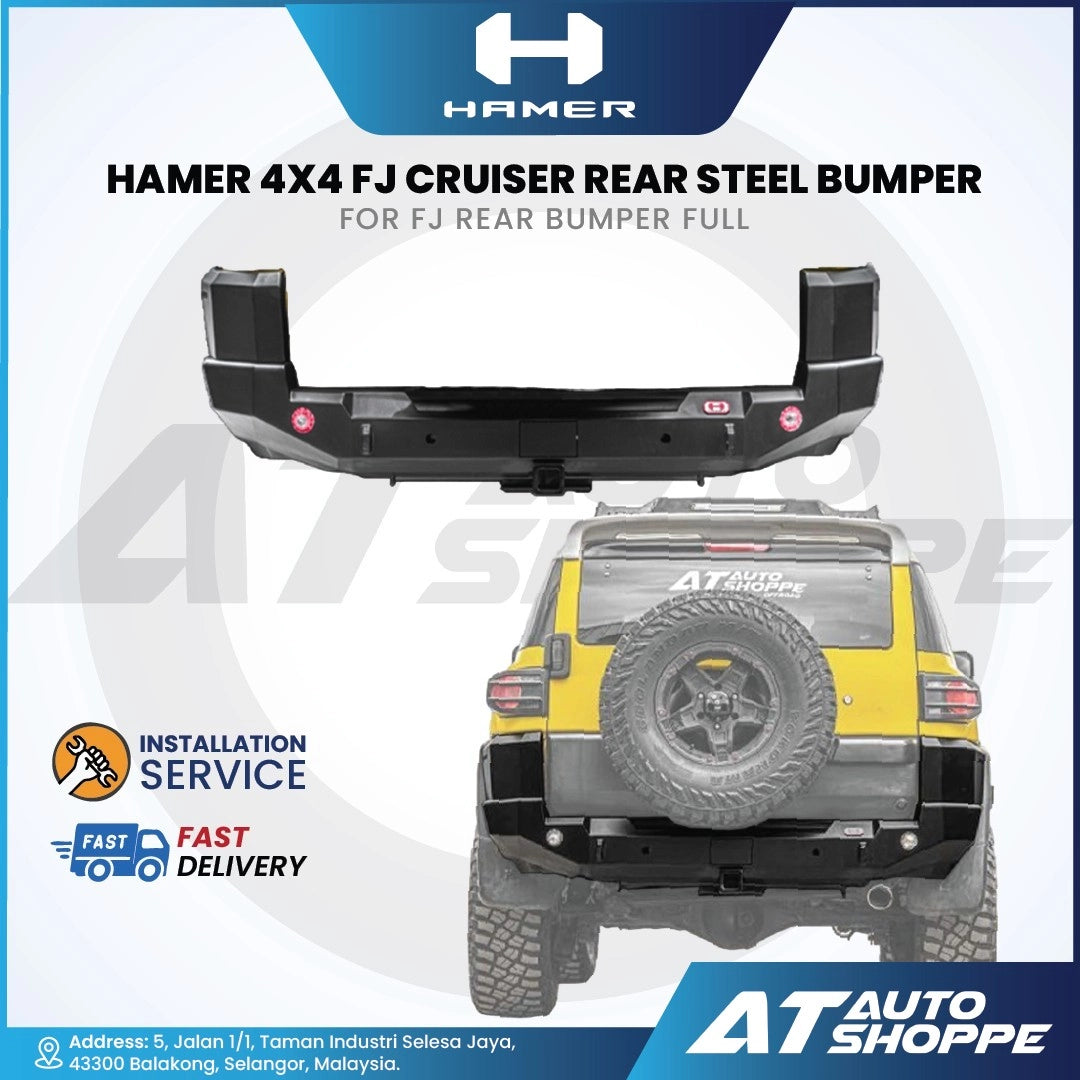 Hamer 4x4 FJ Cruiser rear steel bumper with AT Auto Shoppe branding on a white background.