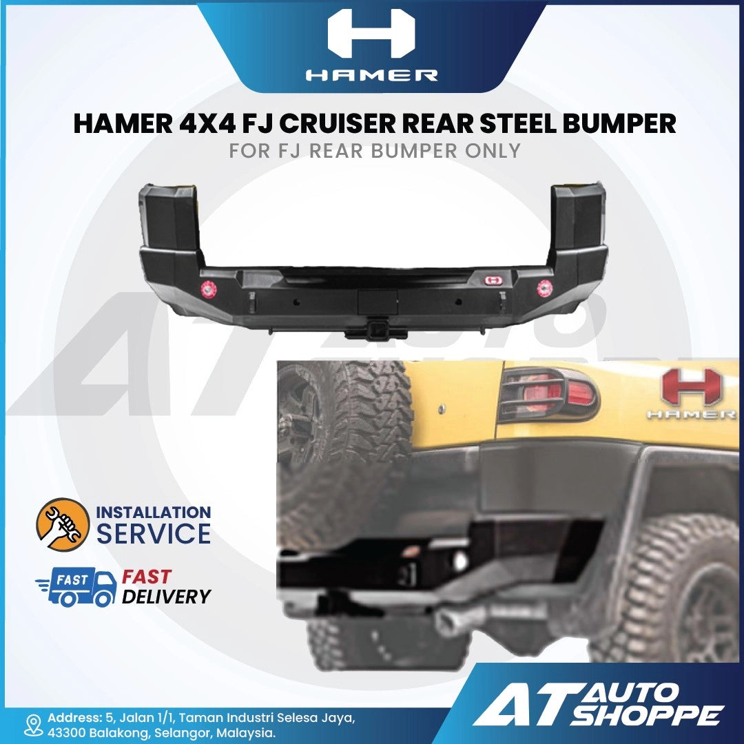 Hamer 4x4 FJ Cruiser rear steel bumper with branding and product details on a white background.