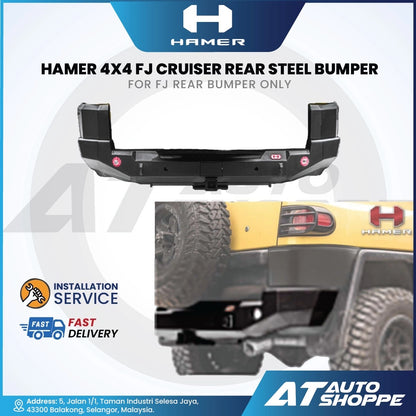 Hamer 4x4 FJ Cruiser rear steel bumper with branding and product details on a white background.