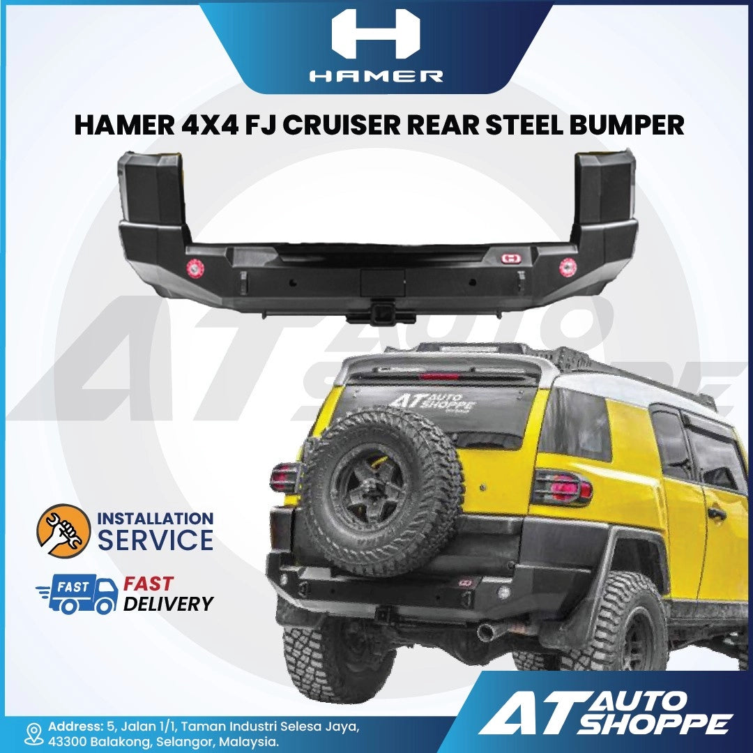 Hamer 4x4 FJ Cruiser rear steel bumper with vehicle display on a white background