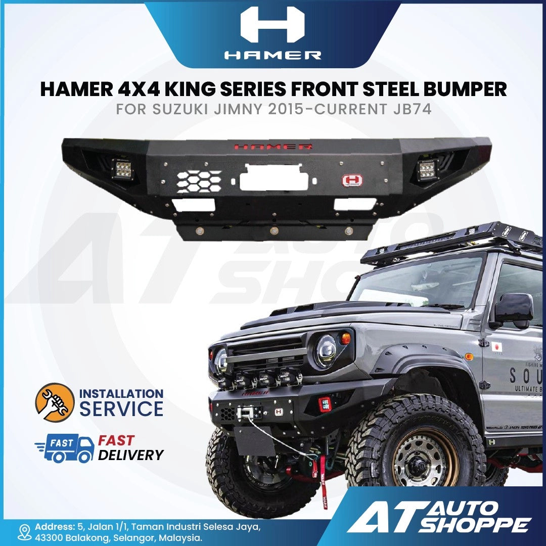 Hamer 4x4 King Series front steel bumper for Suzuki Jimny with vehicle and branding elements.