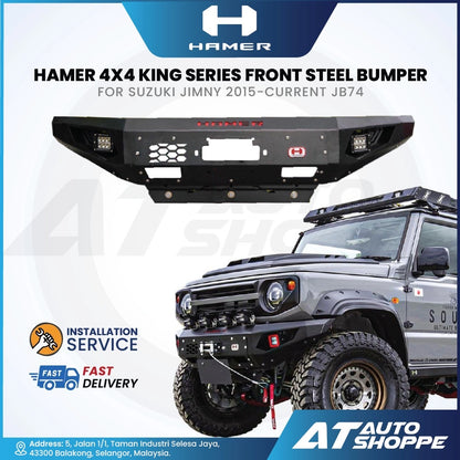Hamer 4x4 King Series front steel bumper for Suzuki Jimny with vehicle and branding elements.