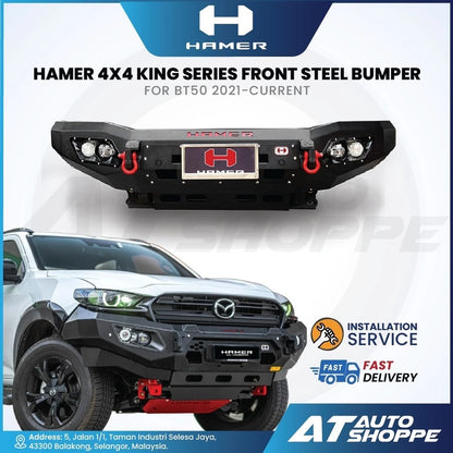 Hamer 4x4 King Series front steel bumper for BT50 2021-current with vehicle and branding elements.