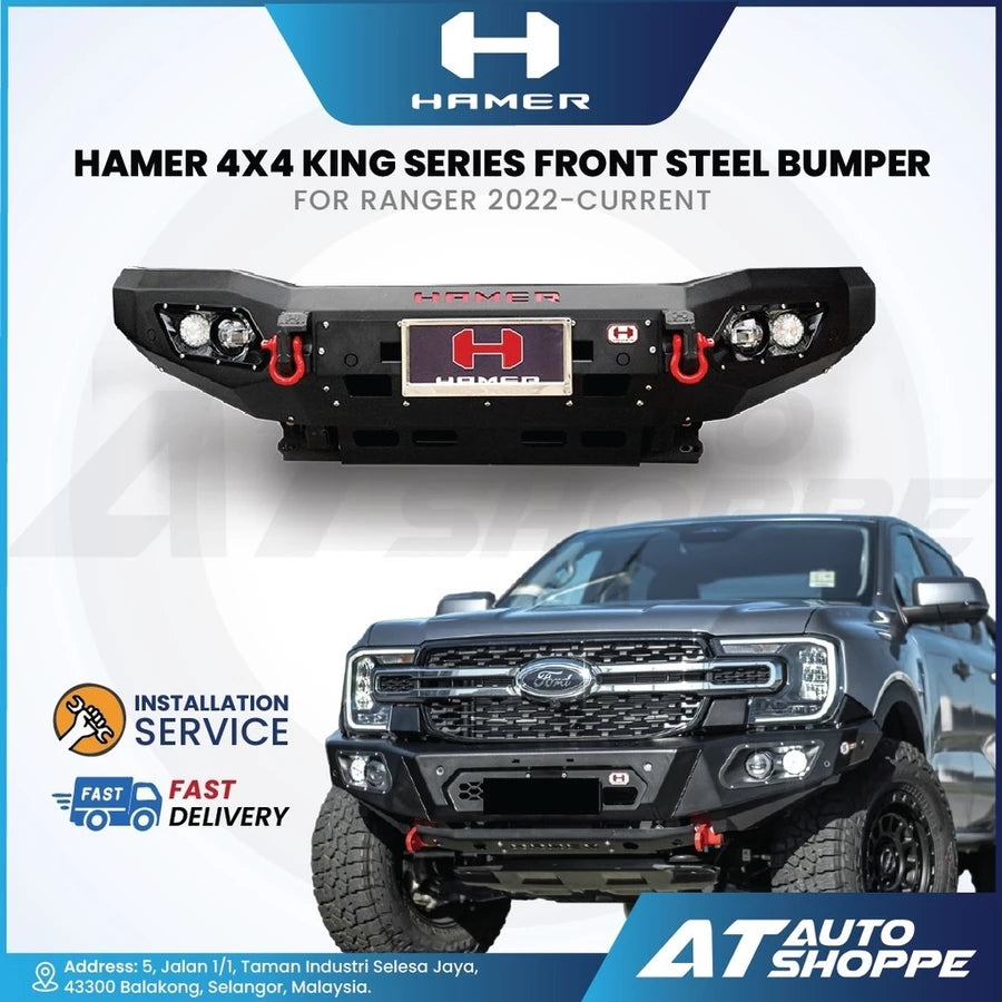 Hamer 4x4 King Series front steel bumper for Ranger 2022-current with AT Auto Shoppe branding.