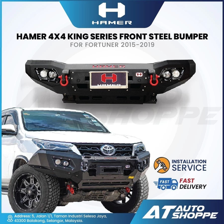 Hamer 4x4 King Series front steel bumper for Toyota Fortuner 2015-2019 with AT Auto Shoppe branding.