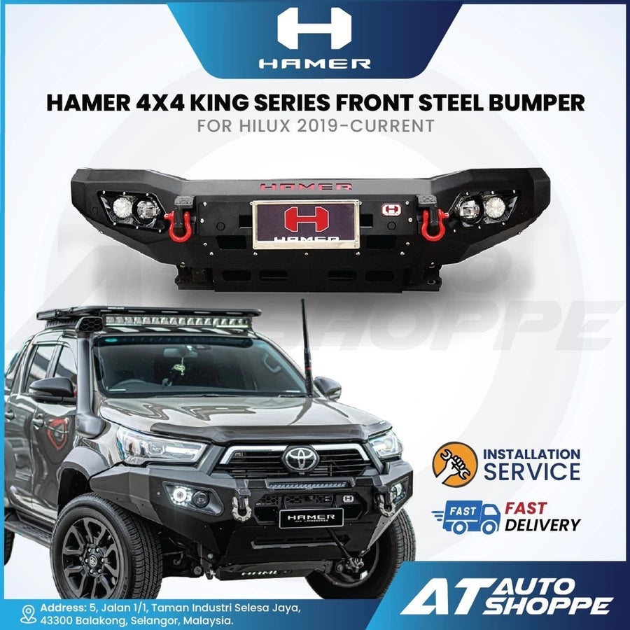 Hamer 4x4 King Series front steel bumper for Toyota Hilux with AT Auto Shoppe branding.