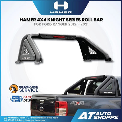 Hamer 4x4 Knight Series roll bar for Ford Ranger 2012-2021 on a white background with branding and service information.