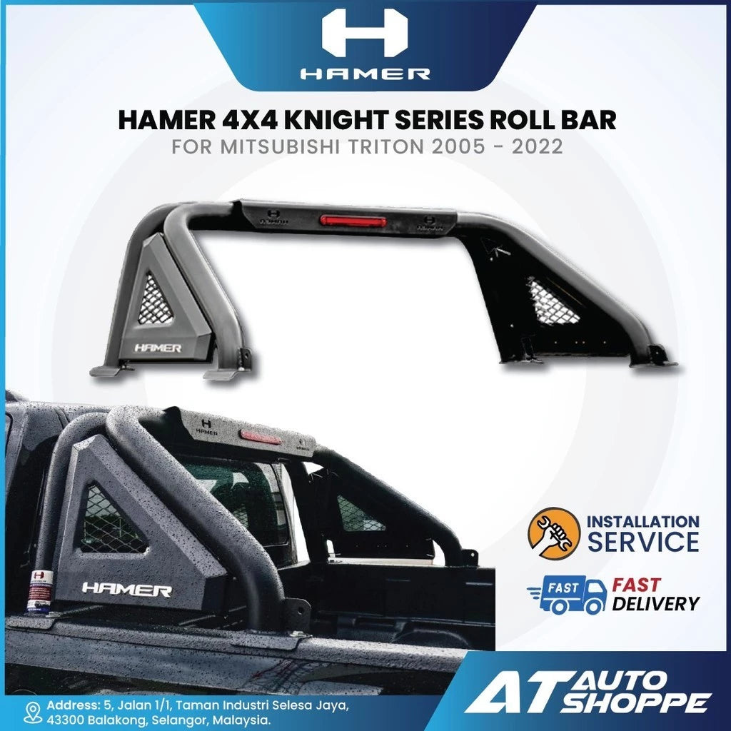 HAMER 4x4 Knight Series roll bar for Mitsubishi Triton with product details and branding on a white background.