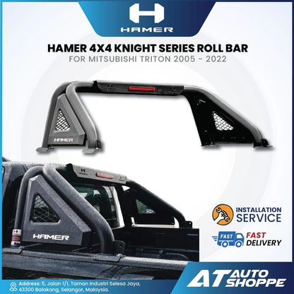 HAMER 4x4 Knight Series roll bar for Mitsubishi Triton with product details and branding on a white background.