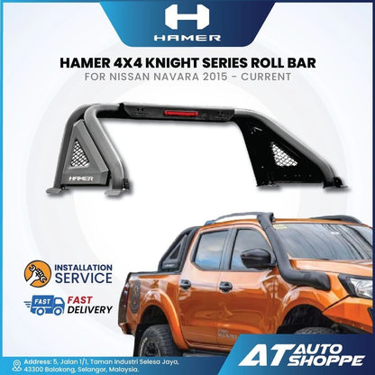 HAMER 4x4 Knight Series roll bar for Nissan Navara with vehicle and branding on a white background