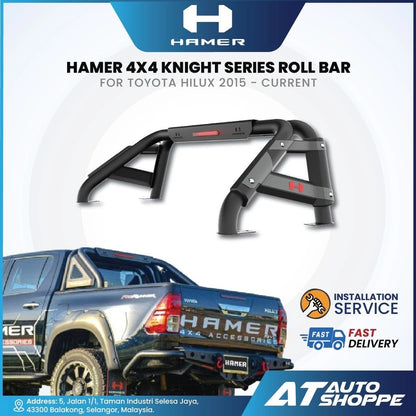 HAMER 4x4 Knight Series roll bar for Toyota Hilux with product and vehicle display on a white background.