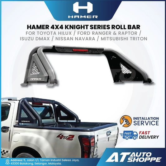HAMER 4X4 Knight Series roll bar for Toyota Hilux, Ford Ranger, and others with AT Auto Shoppe branding.