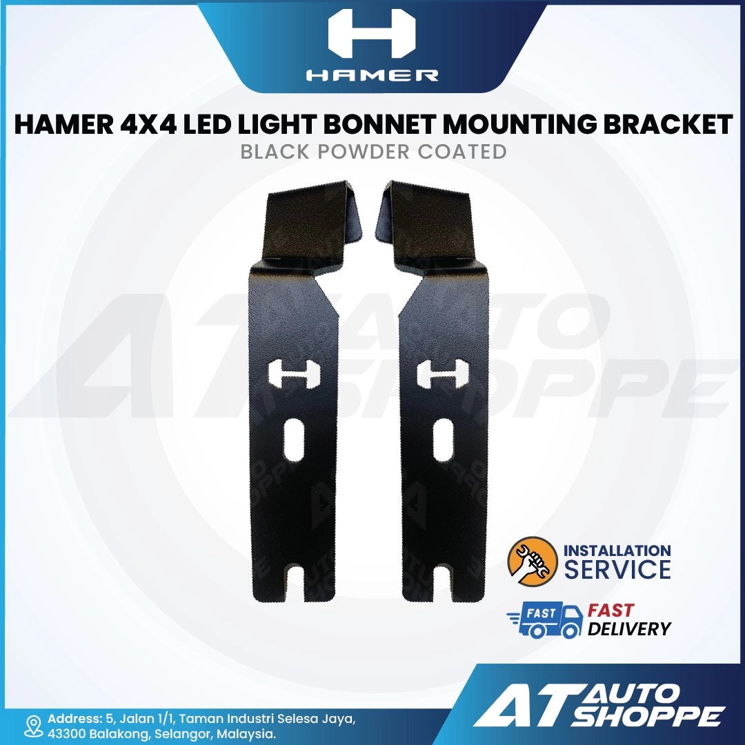 HAMER 4x4 LED light bonnet mounting bracket with branding and product details on a white background.